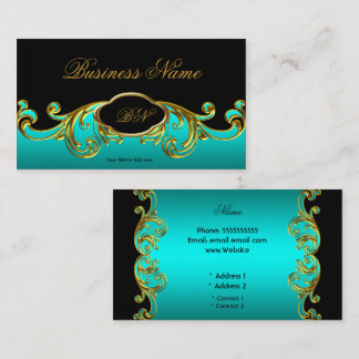 Elegant Classy Black Teal Blue Green Gold Floral Business Card