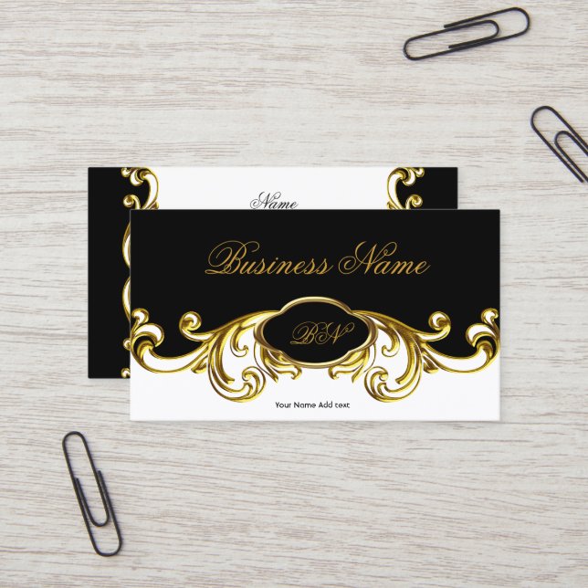 Elegant Classy Black White Gold Floral Swirl Business Card (Front/Back In Situ)