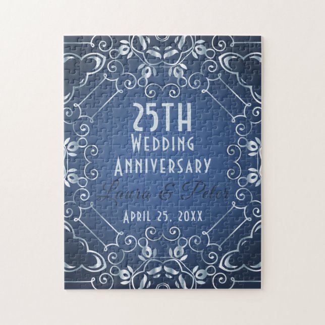 Elegant Classy Blue and Silver Wedding Anniversary Jigsaw Puzzle (Vertical)