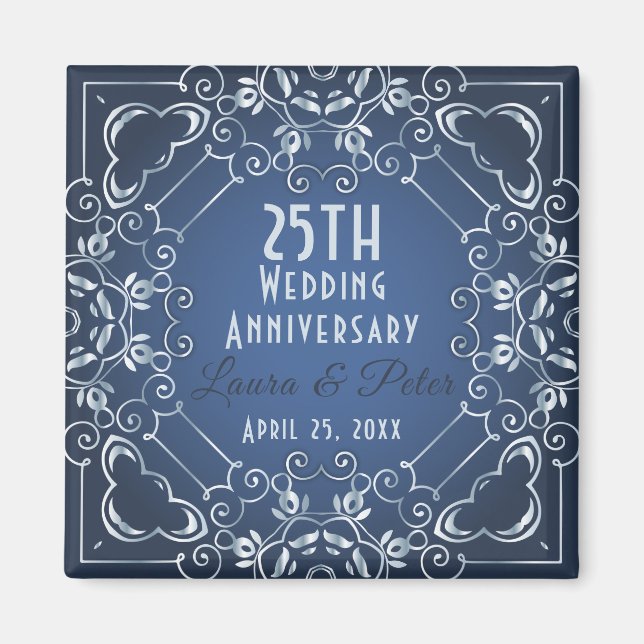 Elegant Classy Blue and Silver Wedding Anniversary Magnet (Front)