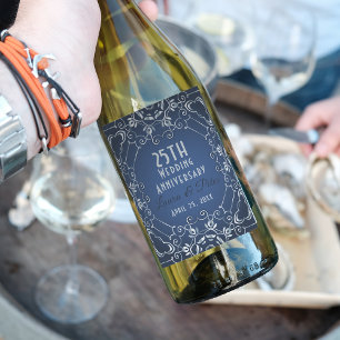 Elegant Classy Blue and Silver Wedding Anniversary Wine Label