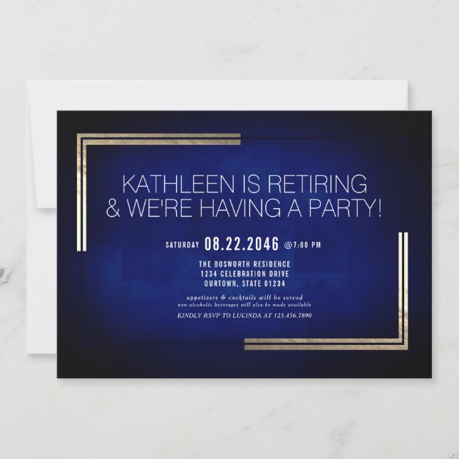 Elegant Classy Blue/Gold Retirement Party Invitation (Front)