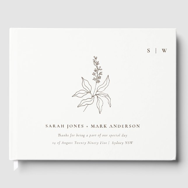 Elegant Classy Botanical Floral Sketch Wedding Guest Book (Front)