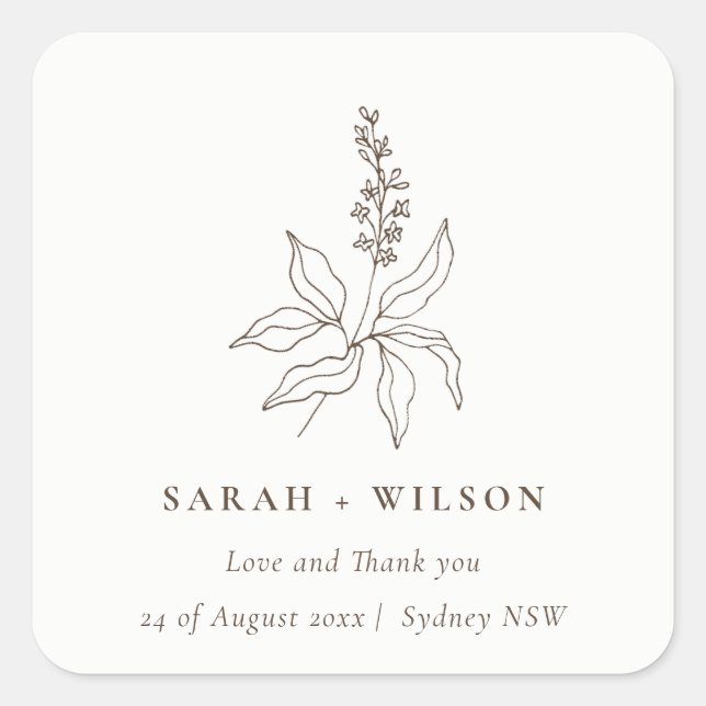 Elegant Classy Botanical Floral Sketch Wedding Square Sticker (Front)