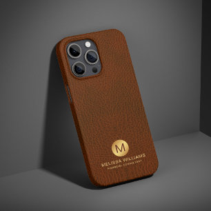 Elegant Classy Brown Faux Leather & Gold Monogram iPhone 15 Pro Max Case