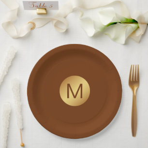 Elegant Classy Brown & Gold Initial Name  Paper Plate