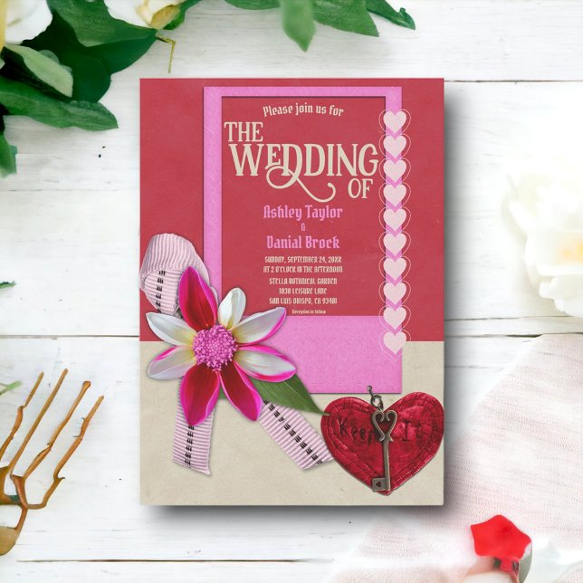 Elegant Classy Calligraphy Red Heart Bow Wedding Invitation (Creator Uploaded)