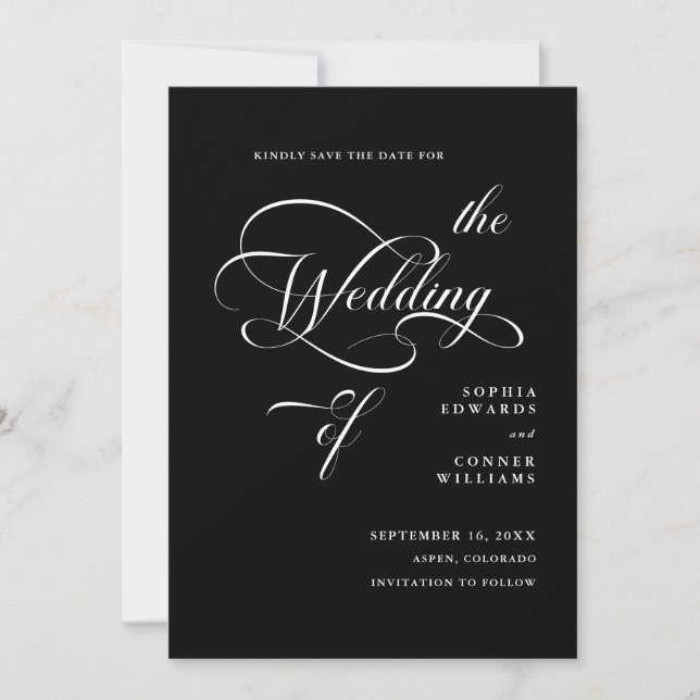 Elegant Classy Calligraphy Wedding Black Save The Date (Front)
