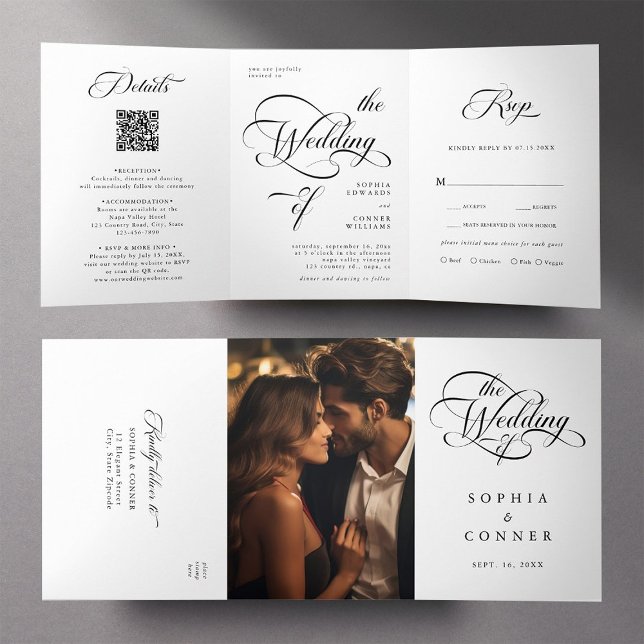 Elegant Classy Calligraphy Wedding Black & White Tri-Fold Invitation (Inside & Outside)