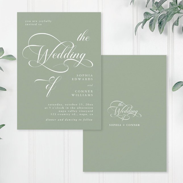 Elegant Classy Calligraphy Wedding Sage Green  Invitation (Front & Back)