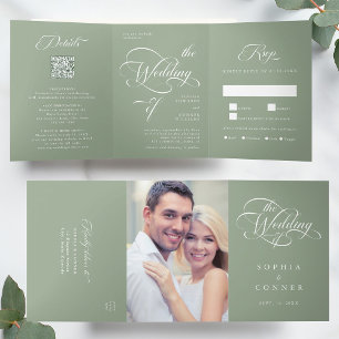 Elegant Classy Calligraphy Wedding Sage Green Tri-Fold Invitation