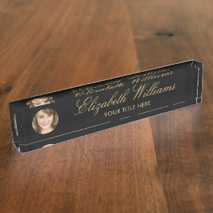 Elegant Classy Circle Photo Black Script Gold Nameplate