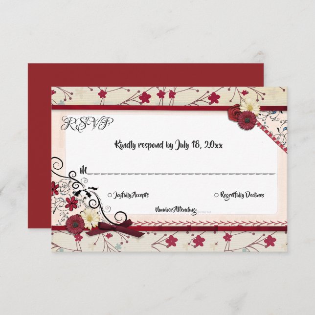 Elegant Classy Country Burgundy Floral Wedding RSVP Card (Front/Back)