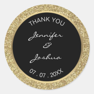 Elegant Classy Custom Black Gold Glitter Wedding Classic Round Sticker