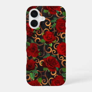 Elegant Classy Damask Vintage Chic Black Red Roses iPhone 16 Case