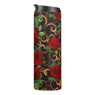 Elegant Classy Damask Vintage Chic Black Red Roses Thermal Tumbler
