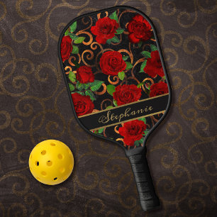Elegant Classy Damask Vintage Red Rose Black Gold Pickleball Paddle