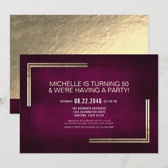 Elegant Classy Dark Pink/Gold Birthday Party Invitation (Front/Back)
