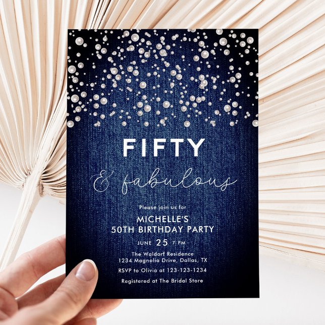 Elegant Classy Denim & Pearls 50th Birthday  Invitation (Creator Uploaded)