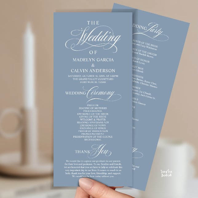 Elegant Classy Dusty Blue Wedding Ceremony Order Programme (Elegant Classy Gold Script Wedding Ceremony Order Program Card in Dusty Blue)
