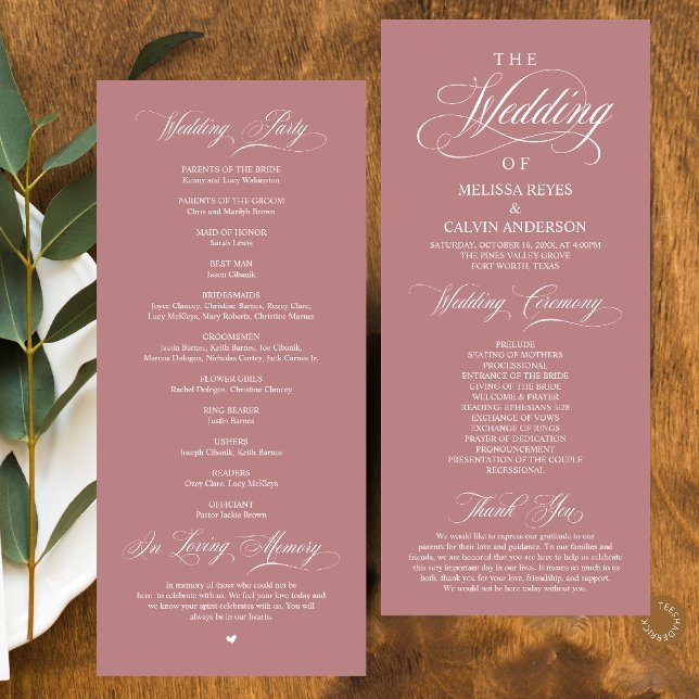 Elegant Classy Dusty Rose Pink Script Wedding Programme (Elegant Classy Dusty Rose Pink Script Wedding Program Card)