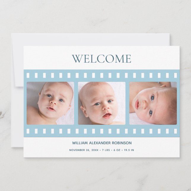 Elegant Classy Filmstrip Baby Boy Photo Blue Birth Announcement (Front)