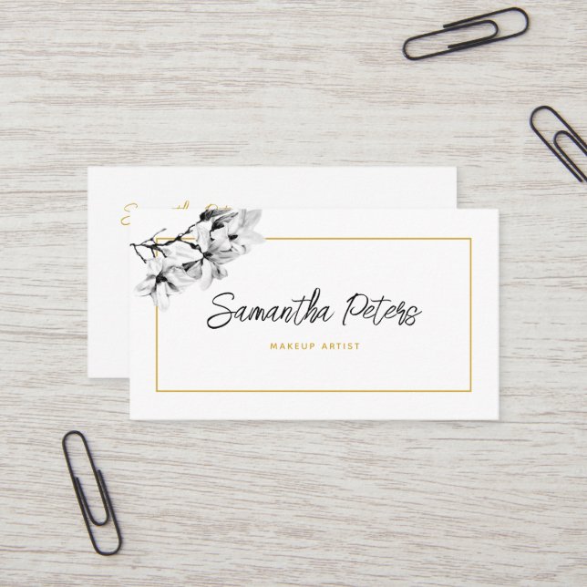 Elegant Classy Floral Black White Magnolia Gold Business Card (Front/Back In Situ)
