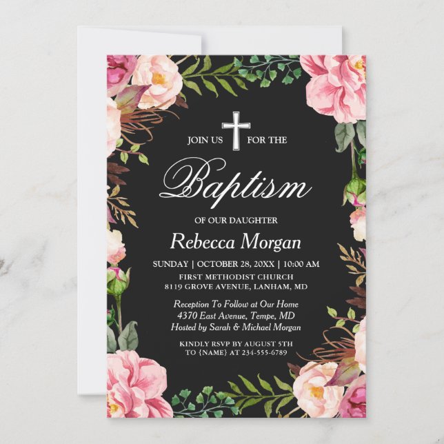Elegant Classy Floral Bloom | Girl Baptism Photo Invitation (Front)