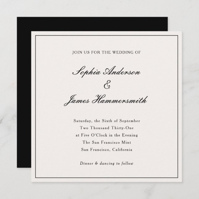 Elegant Classy Formal Black Frame Script Wedding  Invitation (Front/Back)