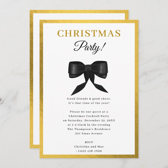 Elegant Classy Gold Black Bow Christmas Party Invitation (Front/Back)