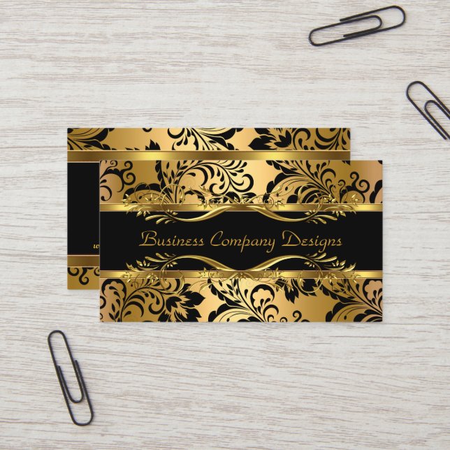Elegant Classy Gold Black Damask Embossed Look Business Card (Front/Back In Situ)