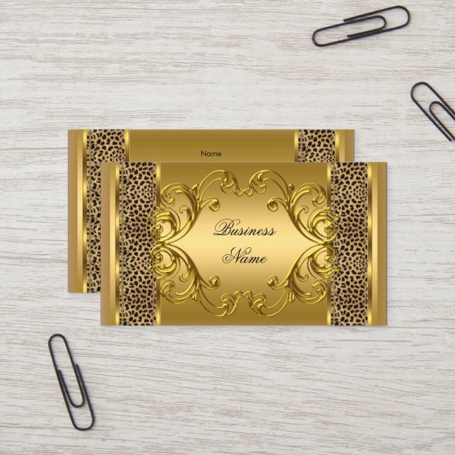 Elegant Classy Gold Black Leopard animal print Business Card (Front/Back In Situ)