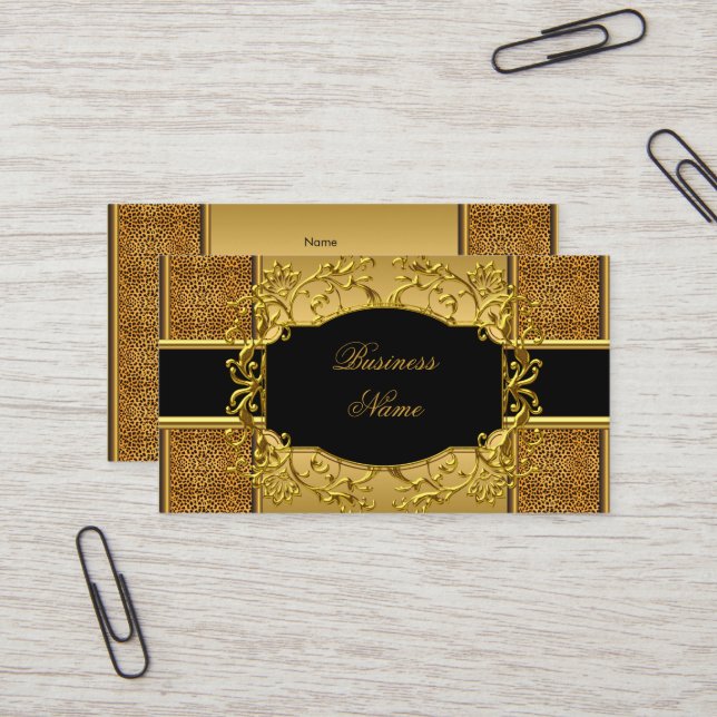 Elegant Classy Gold Black Leopard animal print Business Card (Front/Back In Situ)