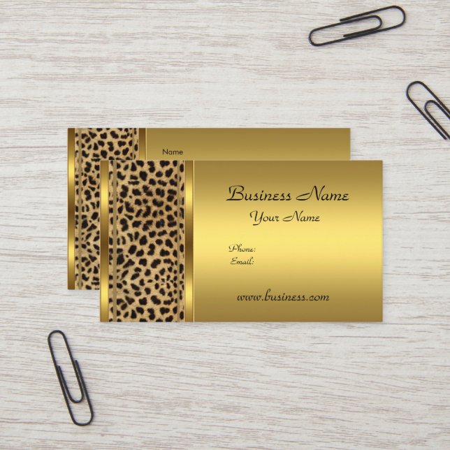 Elegant Classy Gold Black Leopard animal print Business Card (Front/Back In Situ)