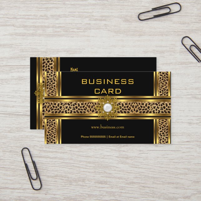 Elegant Classy Gold Black Leopard With Jewel Business Card (Front/Back In Situ)