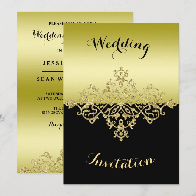 Elegant, Classy Gold & Black Wedding Invitation (Front/Back)