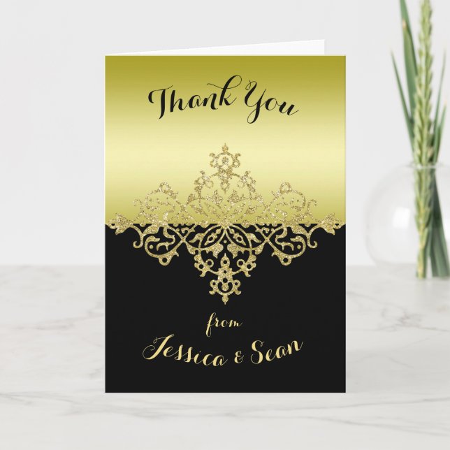 Elegant, Classy Gold & Black Wedding Thank You Card (Front)