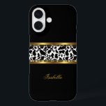 Elegant Classy Gold Black White Cow iPhone 16 Case<br><div class="desc">Elegant Classy Gold Black White Cow. Add Name Initials Glitter (Be advised that image will appear darker on Case)  Fabulous product for Women,  Girls,   Zizzago created this design PLEASE NOTE all flat images! They Do NOT have real Glitter,  Diamonds Jewels or real Bows!!</div>