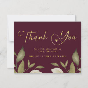 Elegant classy gold burgundy bridal shower thank you card