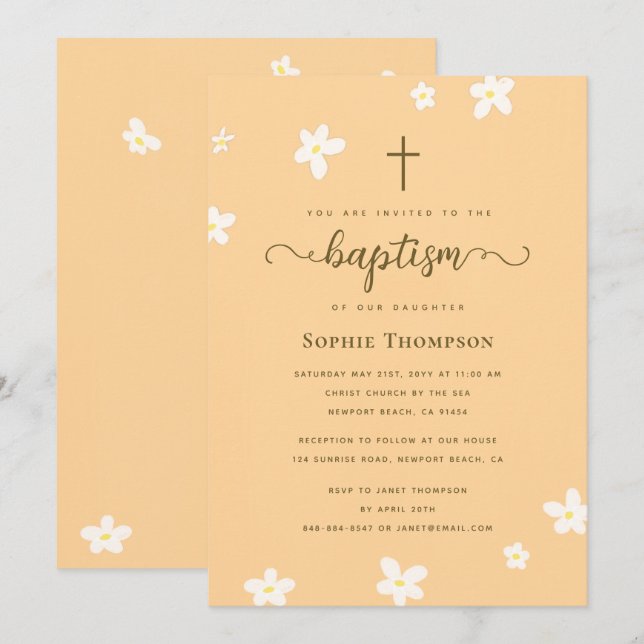 Elegant Classy Gold Cross Floral Religious Baptism Invitation (Front/Back)