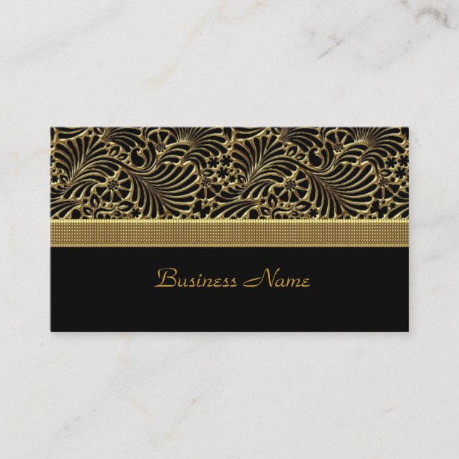Elegant Classy Gold Damask Embossed black Business Card (Front)