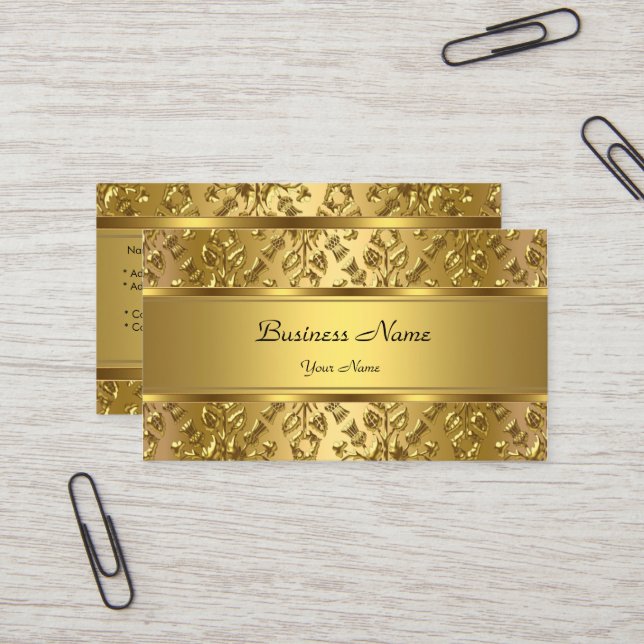 Elegant Classy Gold Damask Embossed Look Business Card (Front/Back In Situ)
