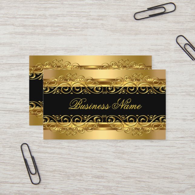 Elegant Classy Gold Damask Floral Overlay Business Card (Front/Back In Situ)