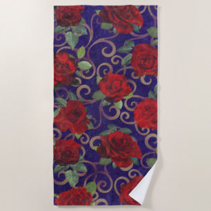 Elegant Classy Gold Damask Vintage Red Rose Purple Beach Towel