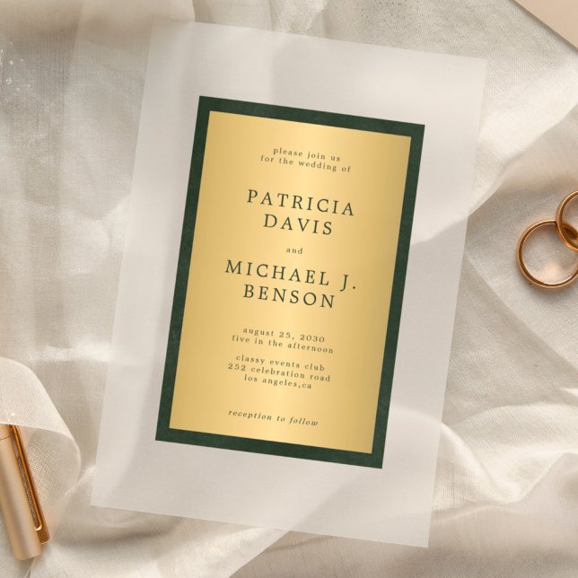Elegant classy gold dark green frame wedding acrylic invitations (Creator Uploaded)