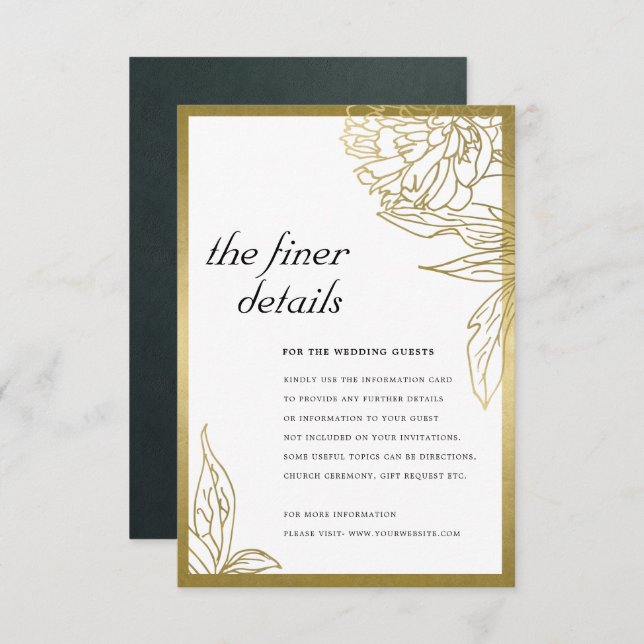 ELEGANT CLASSY GOLD FOIL FLORAL WEDDING DETAILS  ENCLOSURE CARD (Front/Back)
