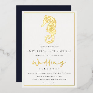 Elegant Classy Gold Foil Navy Seahorse Wedding