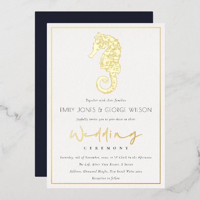 Elegant Classy Gold Foil Navy Seahorse Wedding (Front/Back)