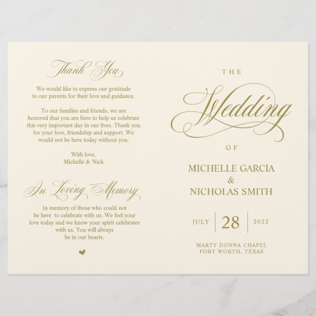 Elegant Classy Gold, Foldable Wedding Program (Front)