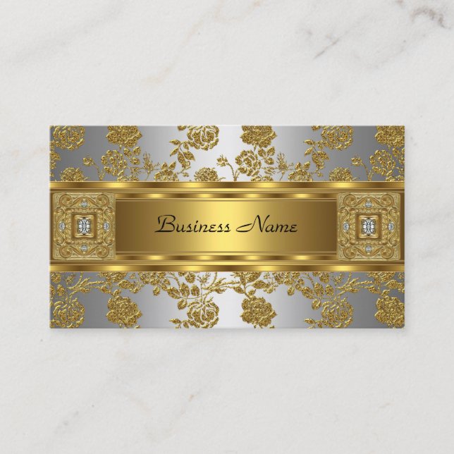 Elegant Classy Gold Grey Floral silver Jewel Business Card (Front)